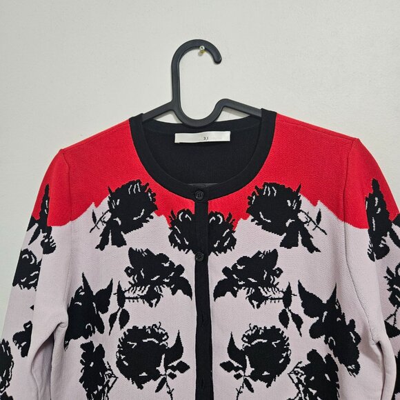 3.1 Philip Lim Peplum cardigan Women's Sz M Black  Red Pink Floral Designer - Picture 2 of 7